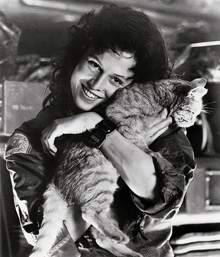 Актриса Сигурни Уивер с кошкой во время съёмок "Чужого", 1979