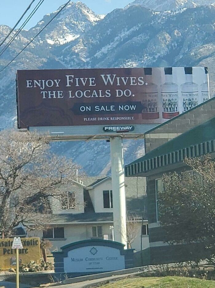 25. Билборд в штате Юта, где живут мормоны: «Насладитесь вкусом Five Wives («Пять жён»). Местные наслаждаются» 