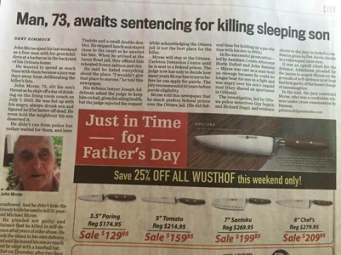 26. «73-летний мужчина ожидает приговора за убийство сына». И реклама ножа рядом: «Как раз вовремя для Дня отца»