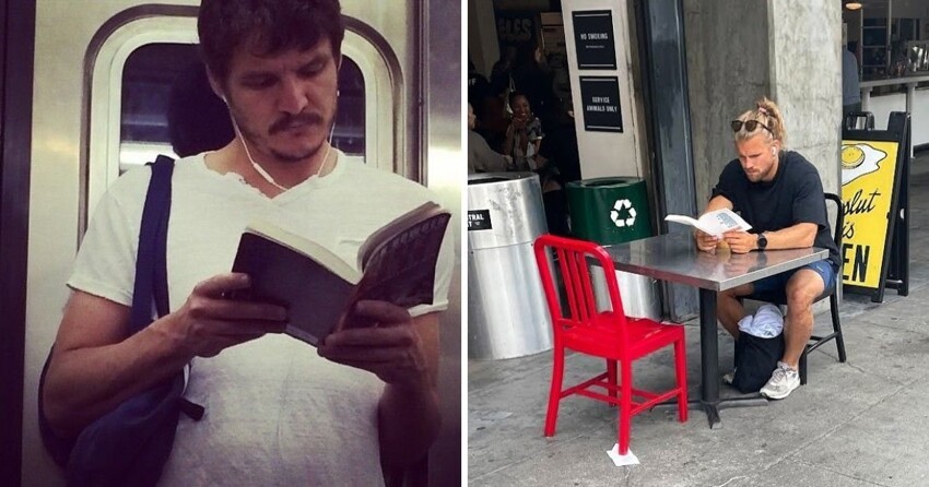 Девушка исподтишка фотографирует читающих  парней, сопровождая их снимки горячими комментариями с юморком