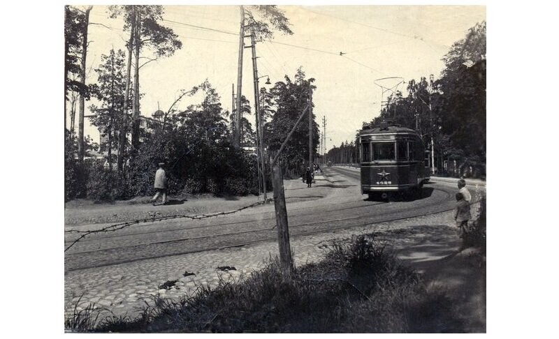 Трамвай на дороге в Сосновку. Снимок сделан в районе современной Площади Мужества, вдаль уходит Политехническая улица.