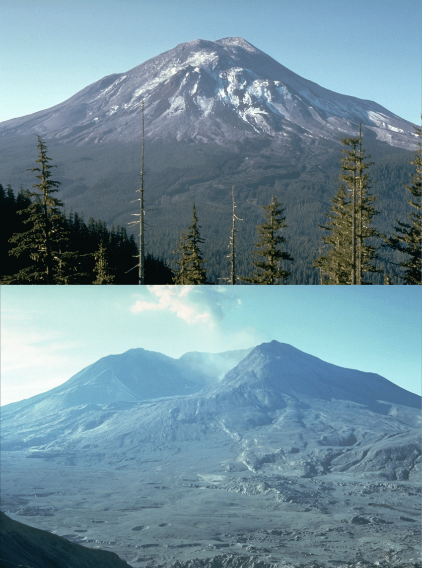 1. Гора Святой Елены, за день до извержения в 1980 году, и 4 месяца спустя, с того же ракурса