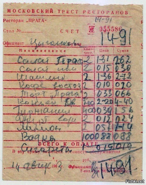 Счёт из московского ресторана «Прага» от 14 августа 1963 г