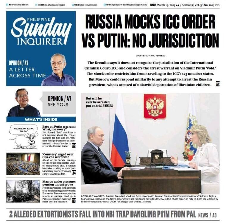 «Россия высмеивает ордер МУС против Путина: нет юрисдикции»: Даже филиппинская Philippine Daily Inquirer с обложки рассказывает, почему решение МУС не имеет смысла