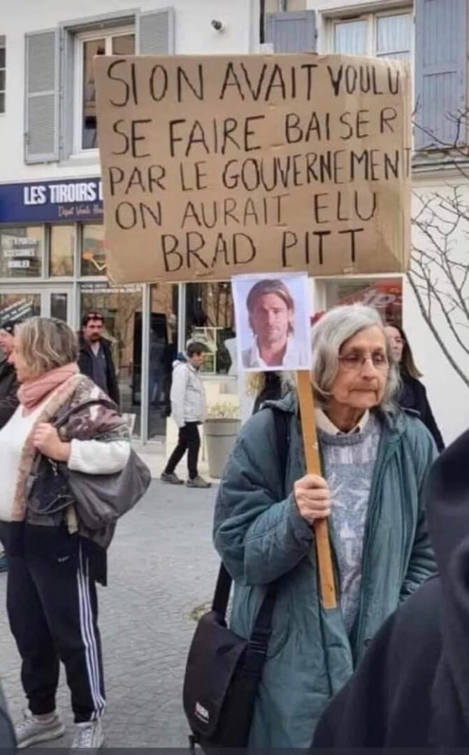 Надпись на плакате: «Если бы мы хотели, что бы правительство нас вые’ало, мы бы выбрали Бреда Питта!»