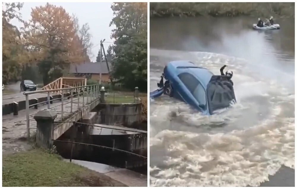 Интересный перфоманс - прыжок на машине в воду, а затем все разбежались