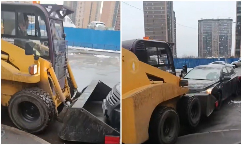 Водитель спецтехники затаранил припаркованный автомобиль