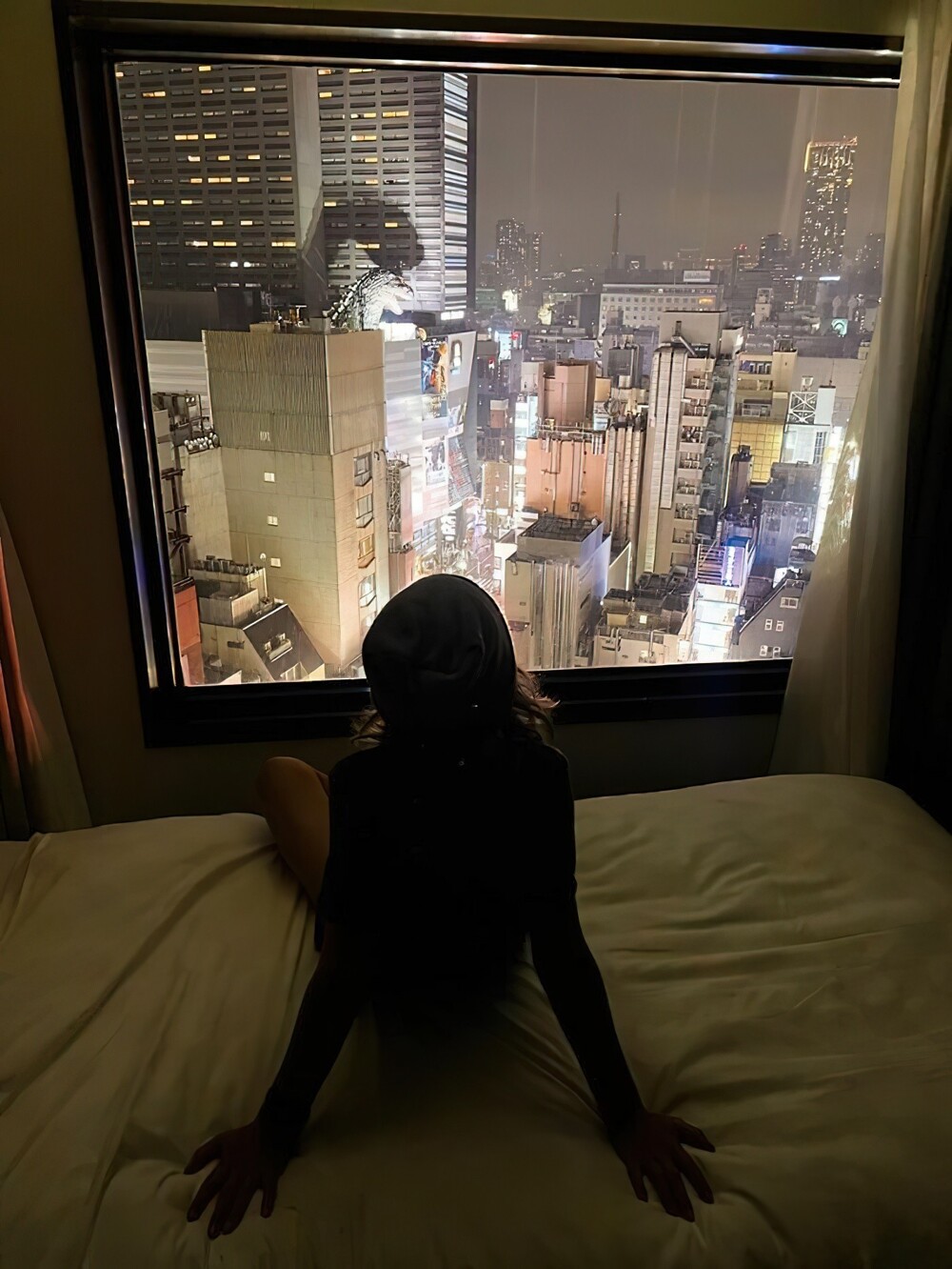 30. «Мы приехали в Токио. Мой младший сын рассматривает город из окна нашего отеля. И да, это Годзилла на крыше соседнего здания»