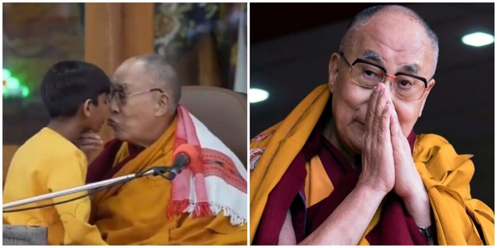 Далай Лама потянулся к ребёнку, попытавшись его поцеловать, и высунул свой язык