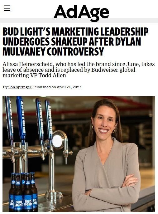 Маркетинг-директора пива Bud Light проводили в последний путь на фоне скандала имени Дилана Малвейни.  Алиса Хайнершейд, рулившая маркетингом знаменитой пивной марки с июня 2022 года, отправлена в неоплачиваемый отпуск, а ее функции пока переданы виц