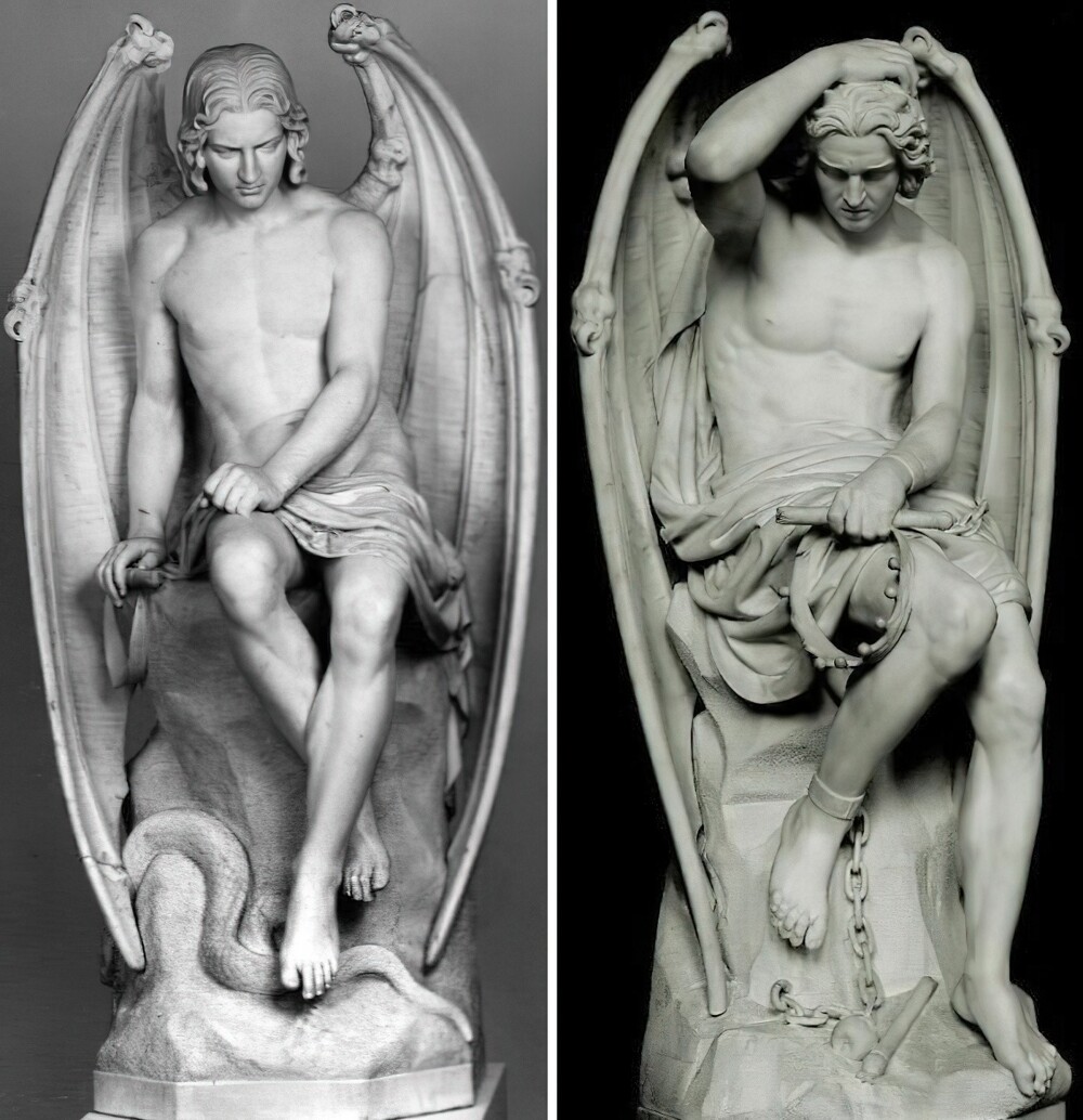 21. В 1842 году Джозеф Гифс вырезал Ангела Зла (статуя слева) для установки на кафедре Льежского собора, но её убрали из-за  отвлекающего очарования и «нездоровой красоты»