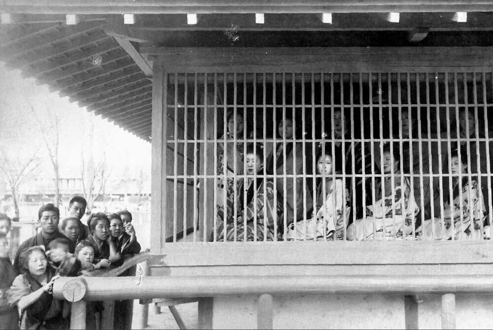 7. Выставленные на продажу проститутки за решеткой в борделе, Япония, 1890 год