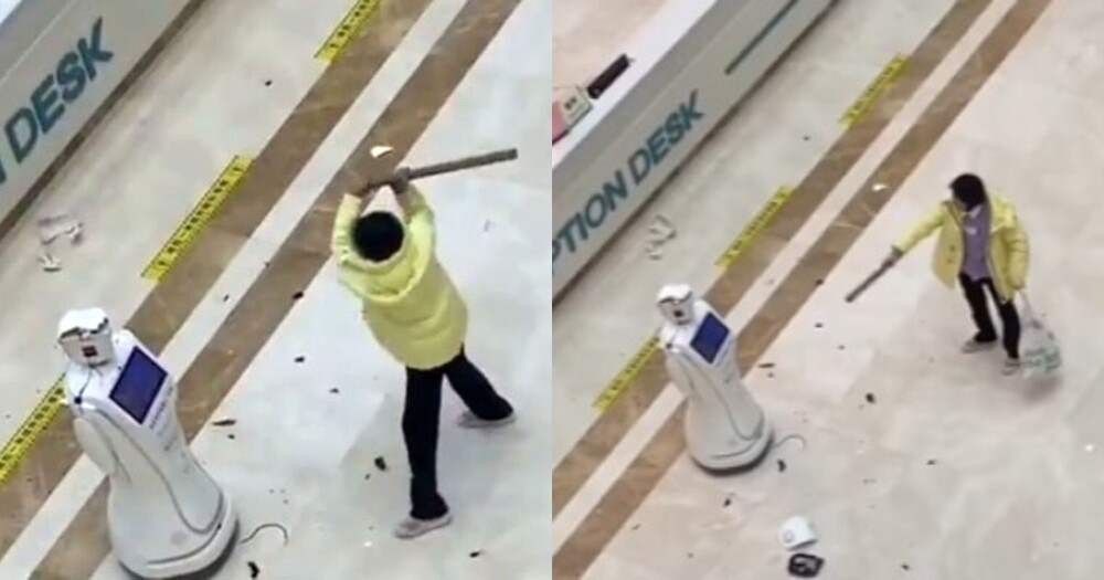 "Вот тебе, бездушная скотина!": китаянка устала от тупого робота в поликлинике и разбила его палкой