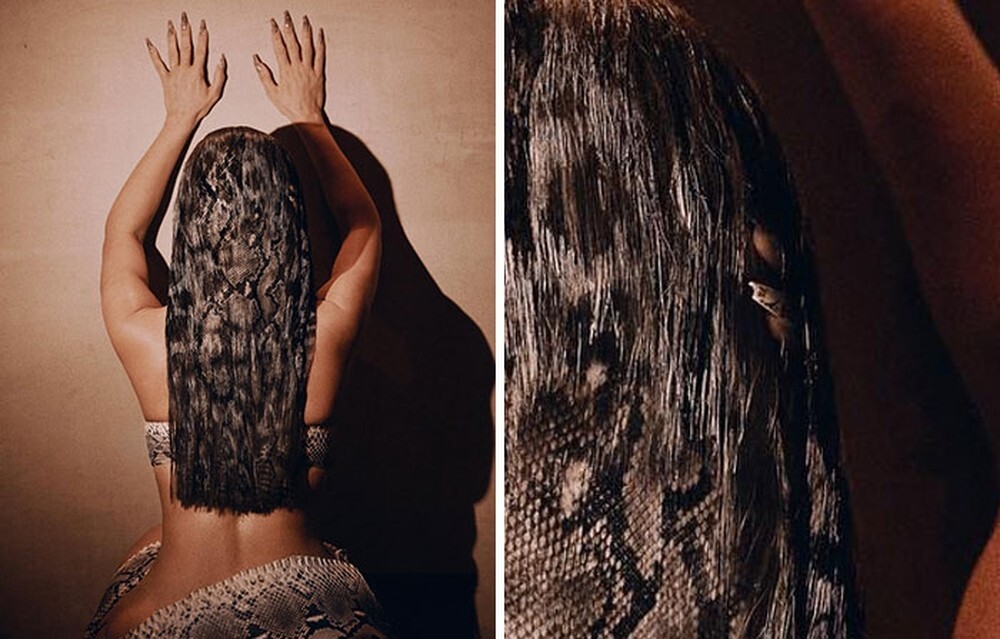 23. Внимательные поклонники заметили, что в волосах Ким Кардашьян все еще торчат ее ногти, хотя обе ладони лежат на стене 