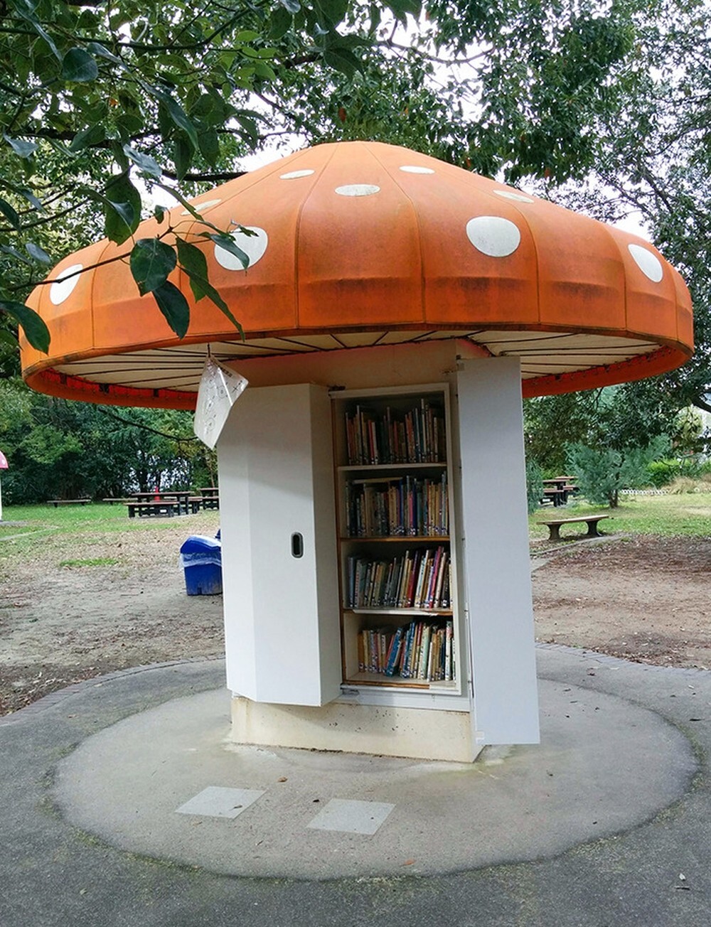 32. Эти «мухоморы» в парке — шкафы с книгами для детей