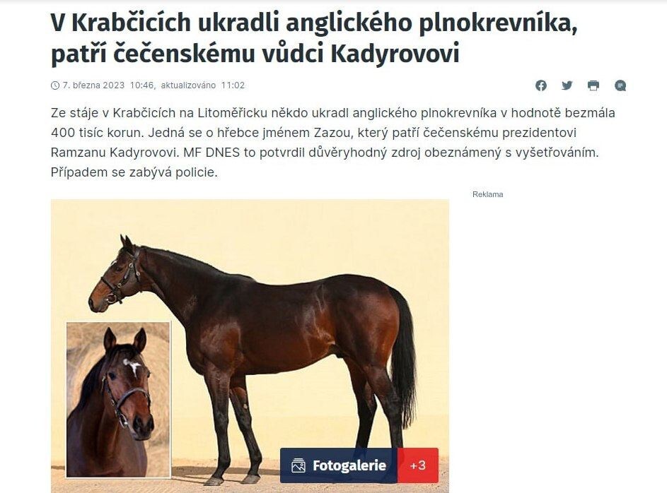 Рамзан Кадыров выкупил своего коня Зазу у украинских спецслужб за 18 тысяч долларов
