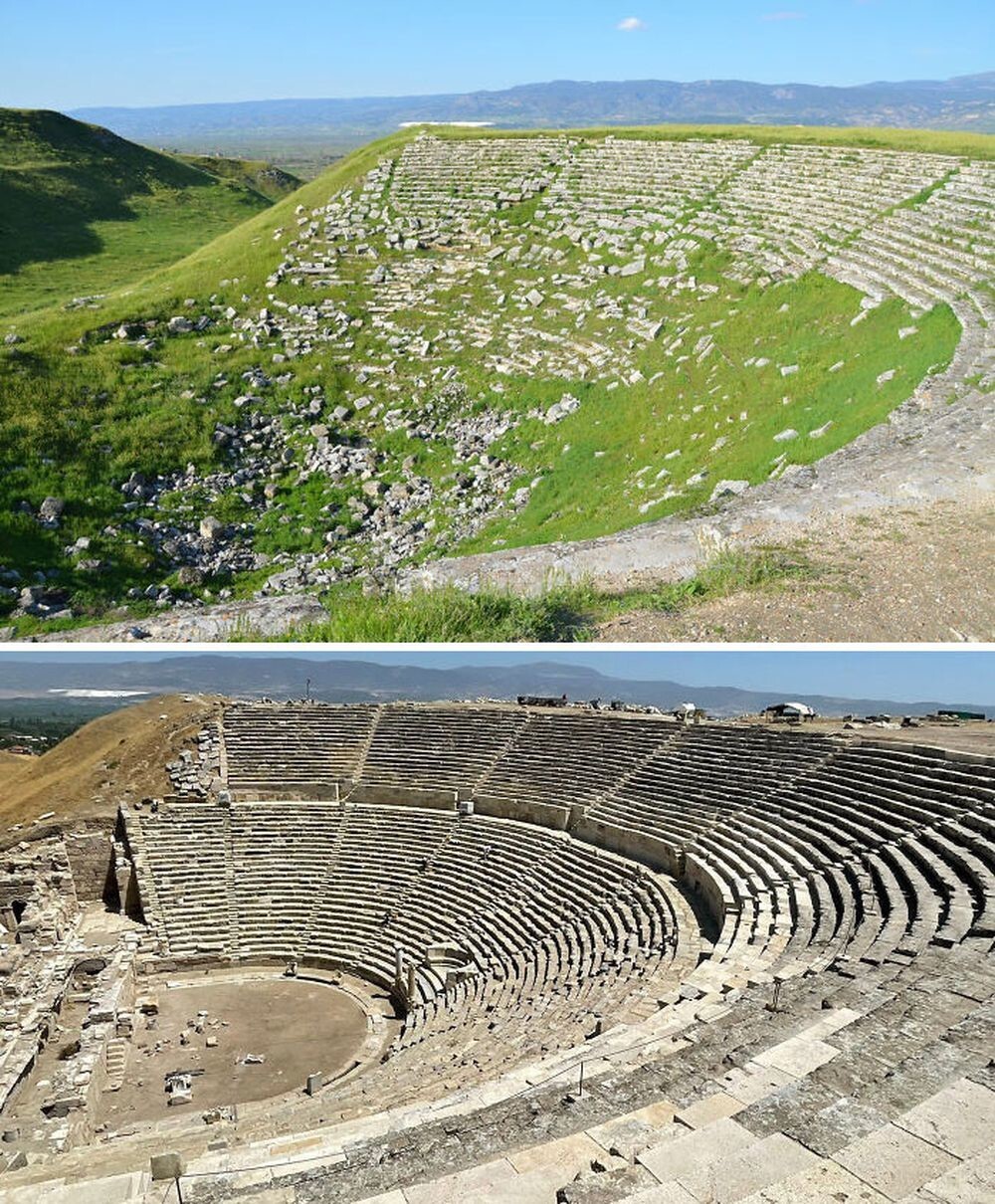 7. 2200-летний эллинистический театр в Лаодикии, древнегреческом городе на юго-западе Турции. До и после недавних раскопок