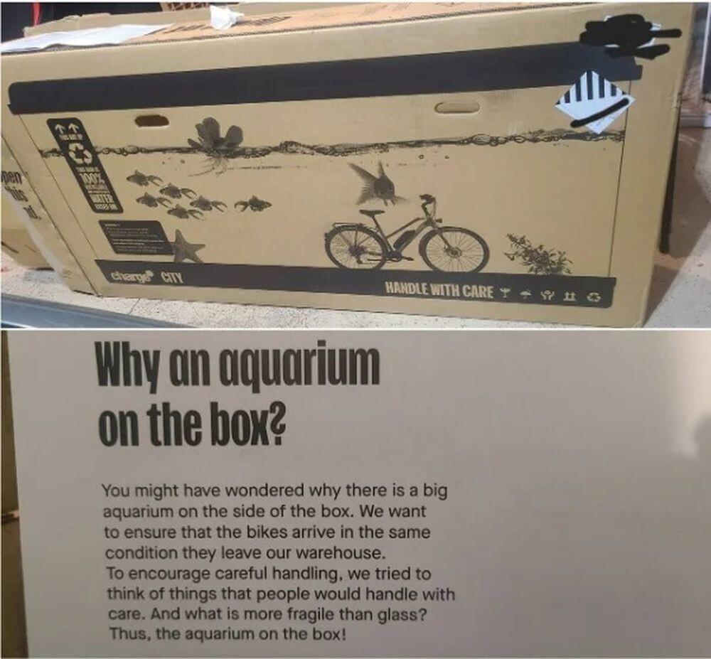 10. Компания отправляет клиентам велосипеды в коробках с нарисованным аквариумом, чтобы курьеры бережно обращались с грузом 