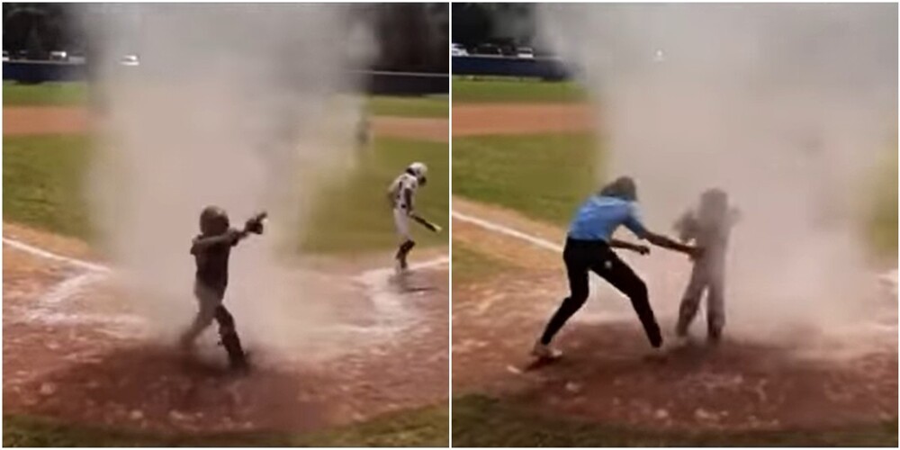 На бейсболе судья спас мальчика, который попал в пылевой вихрь