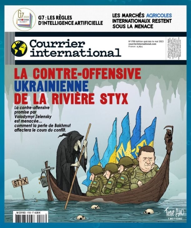 Французский журнал «Courrier International» сделал обложку с Залужным и ВСУшниками, плывущими по реке Стикс в Царство мертвых.