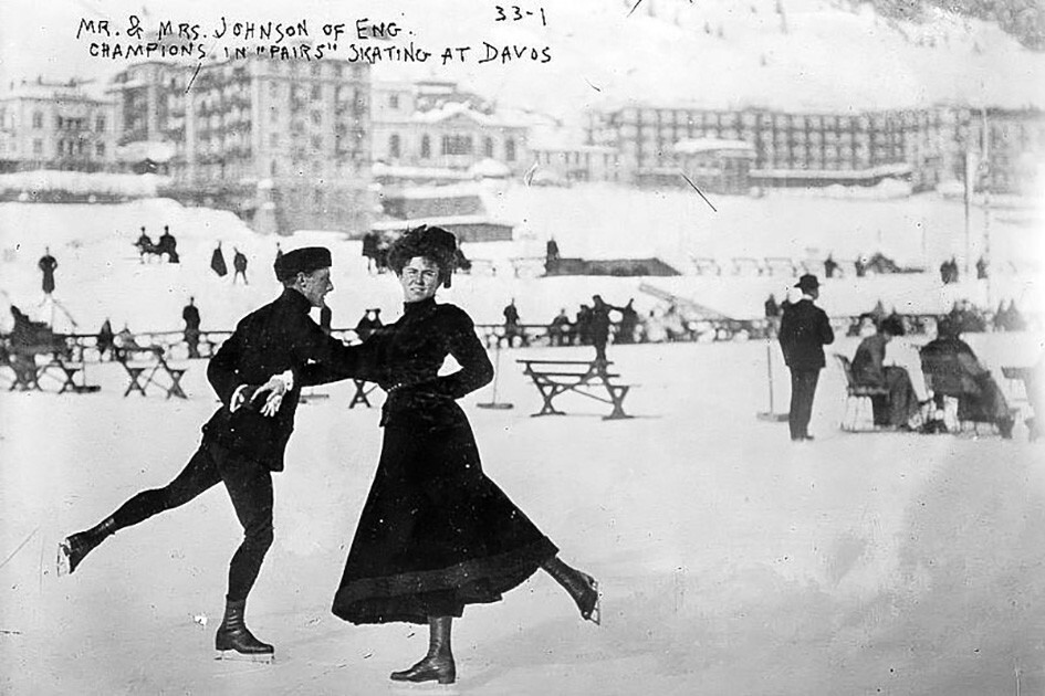 Мистер и миссис Джонсон из Англии, чемпионы в парном катании. Давос, Швейцария, 1900 год