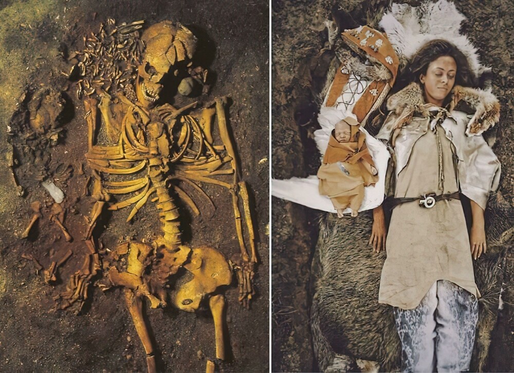 15. Молодая женщина (примерно 20 лет) и её новорожденный ребенок, похороненные 7000–6000 лет назад, Ведбек, Дания