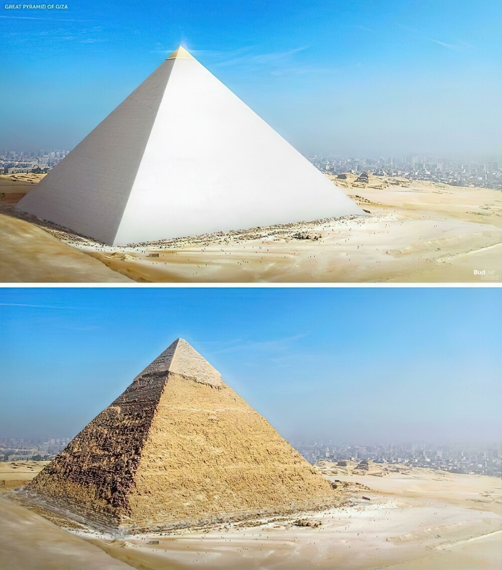18. Как выглядела пирамида Хефрена 4500 лет назад? Пирамиды Гизы изначально были покрыты тщательно отполированным белым известняком, а замковые камни (пирамидионы) на вершине были покрыты золотом