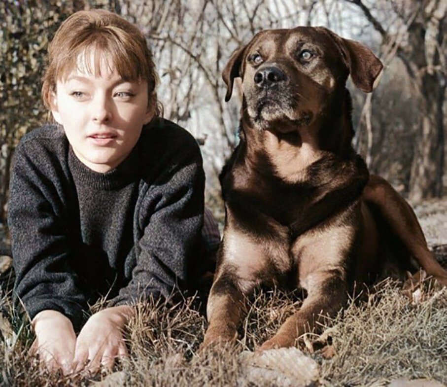 Анастасия Вертинская на лесной прогулке со своим псом Джимом 18 сентября 1964 год