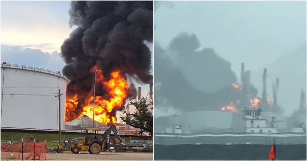Удар молнии вызвал сильный пожар на нефтеперерабатывающей станции в США