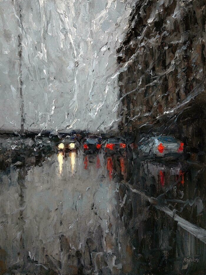 11. "Дорога во время дождя", картина маслом