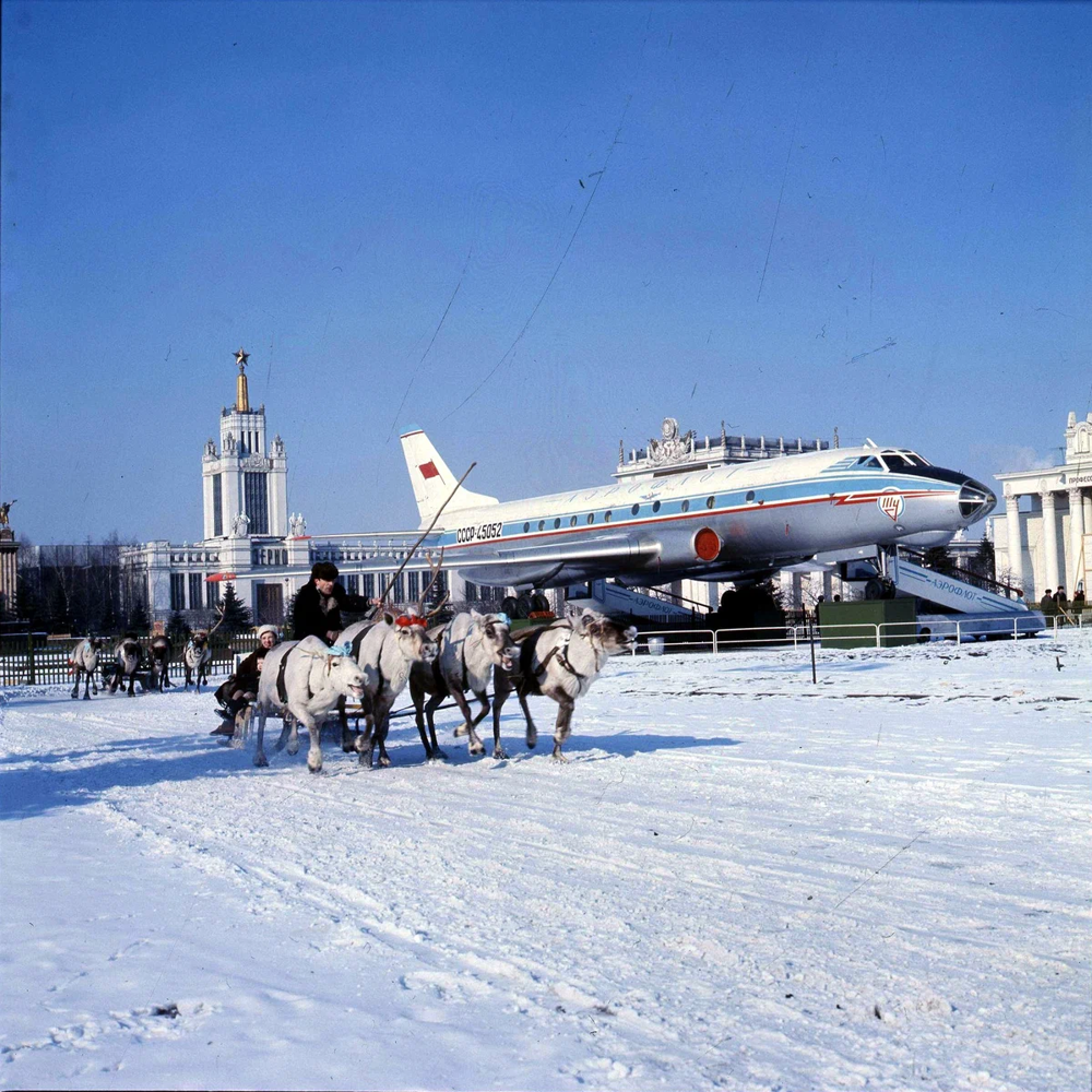 Катание на оленях на ВДНХ на фоне Ту-124.
