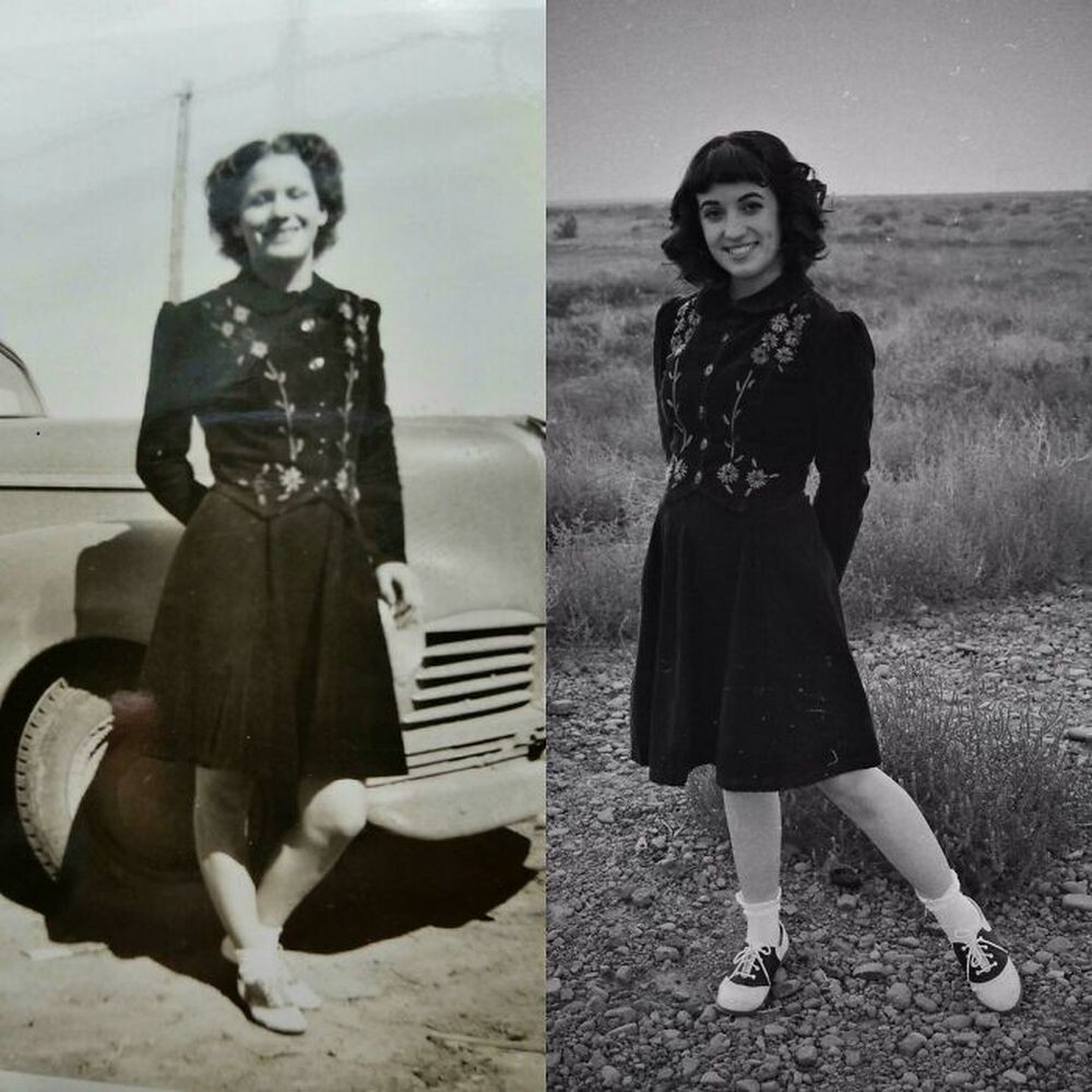 8. «Слева фото моей прабабушки в ее «нарядедля катания на роликах», который она сама сшила и вышила в школе. Справа я в том же наряде 70+ лет спустя»