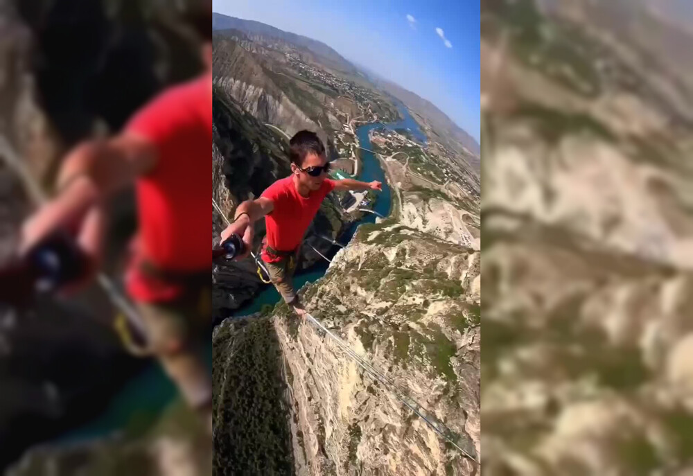 Канатоходец из Сочи прошел по стропе над Сулакским каньоном