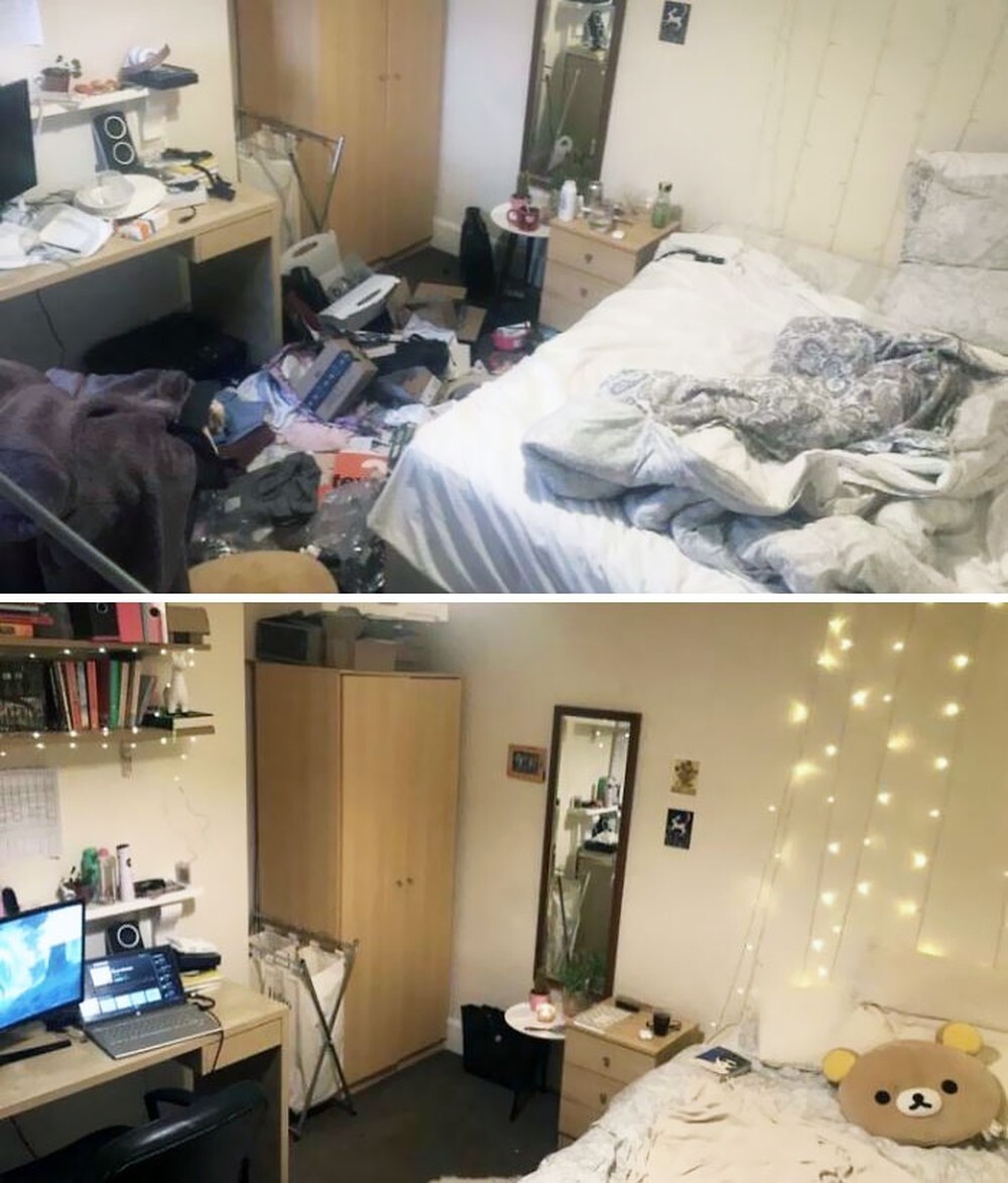 24. «До и после уборки моей комнаты после депрессивного эпизода»