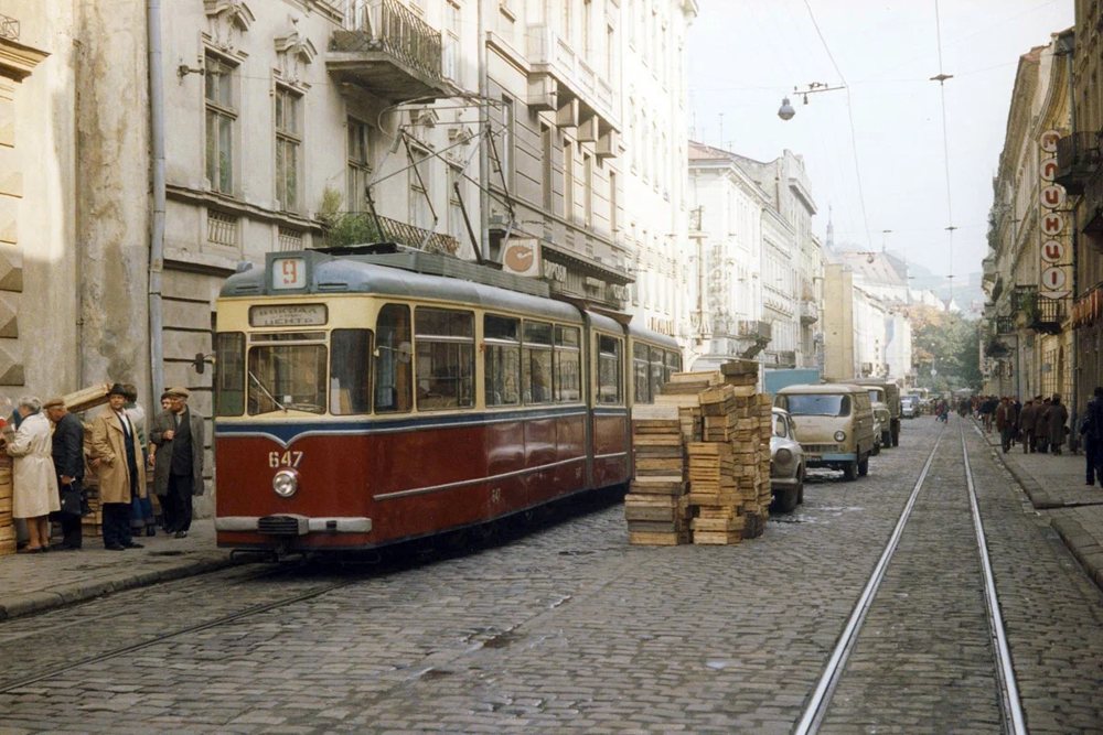 Львов, Октябрьская улица, трамвай "Гота" G4-61, 1980 год.