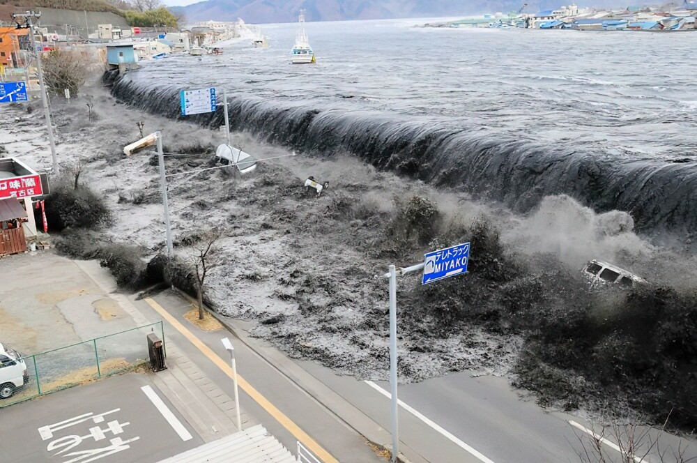 13. Жуткое цунами со стеной угольно-черной воды, перекрывающей дамбу. Япония, март 2011 г.