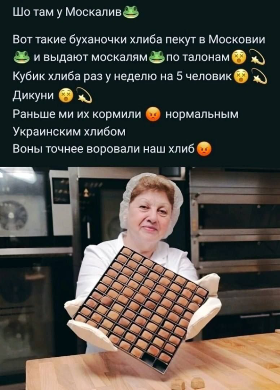 Вот такие буханочки хлеба пекут в России и выдают русским по талонам. Кубик хлеба раз в неделю на 5 человек. А раньше мы (хохлы) их кормили нормальным украинским хлебом.