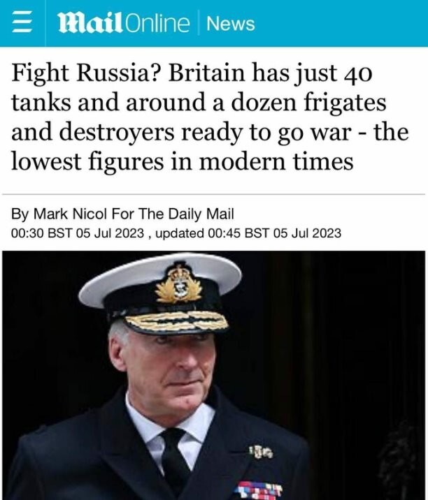 «Сражаться с Россией? В Великобритании всего 40 танков и около дюжины фрегатов и эсминцев, готовых к войне - самые низкие показатели современности»