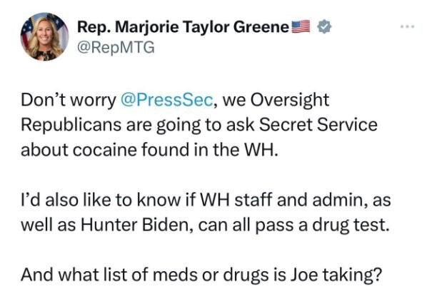 Конгрессмен США Марджори Тейлор призвала всех сотрудников администрации президента Джо Байдена, а также его сына Хантера, пройти тест на наркотики