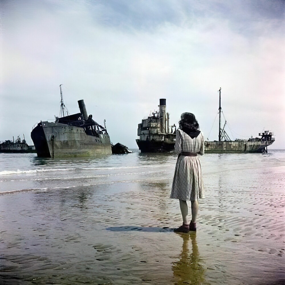 3. Женщина на пляже Омаха, Нормандия, Франция, 1947 год. Через три года после того, как союзные войска вошли в оккупированную немцами Францию