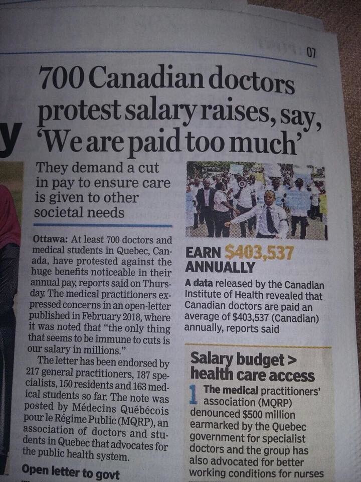 8. 700 канадских врачей протестуют против повышения заработной платы, говоря, что они зарабатывают слишком много