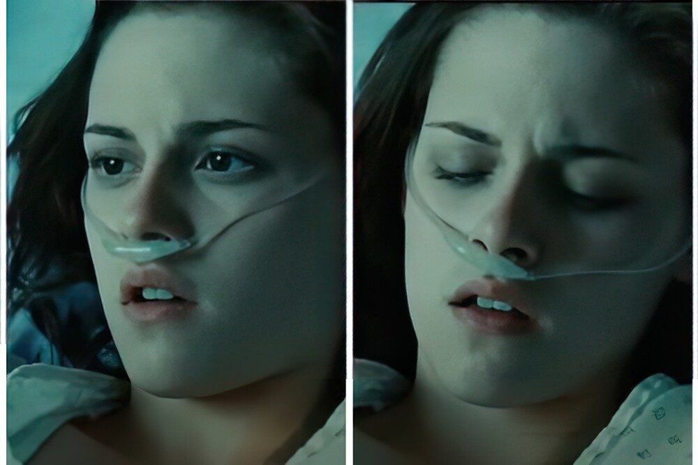 2. «"Сумерки". Во время сцены, когда Белла в больнице, каждый раз, когда меняется положение камеры, меняется и положение кислородной носовой трубки»