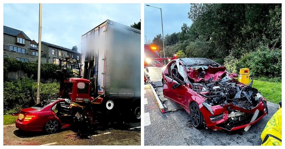 Водитель Mercedes врезался в неподвижный грузовик на скорости 95 км/ч и чудом остался жив