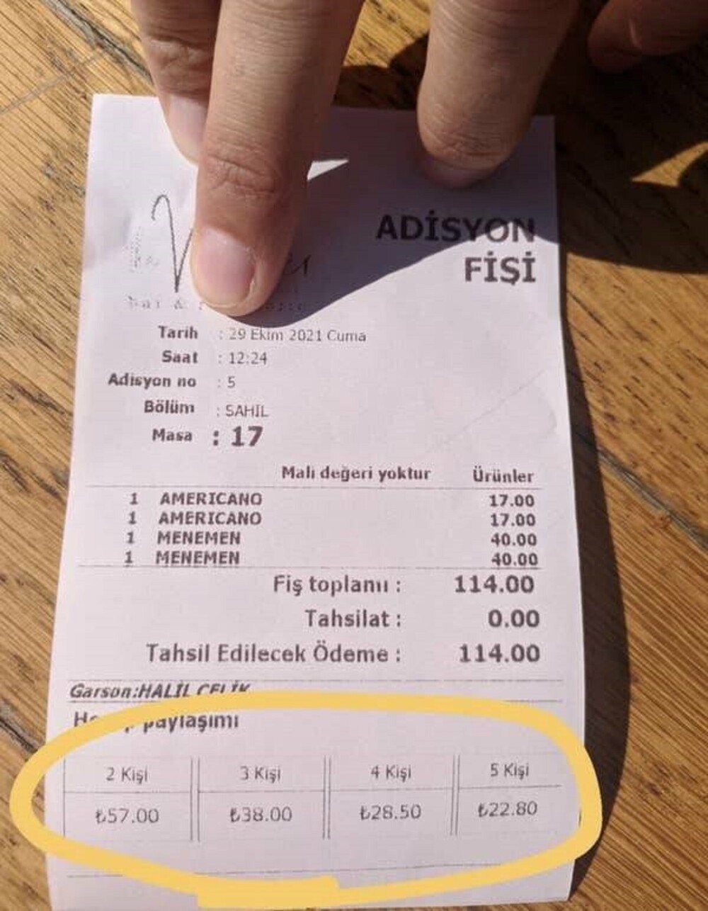 16. В Турции есть ресторан, в чеках которого показано, как можно легко разделить счет, и вам не придется делать никаких вычислений