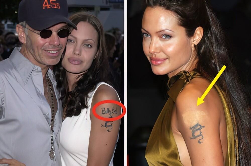 14. У Анджелины Джоли была татуировка на руке с именем Билли Боба Торнтона и изображением дракона, когда они были вместе. После разрыва она удалила имя, но оставила дракона