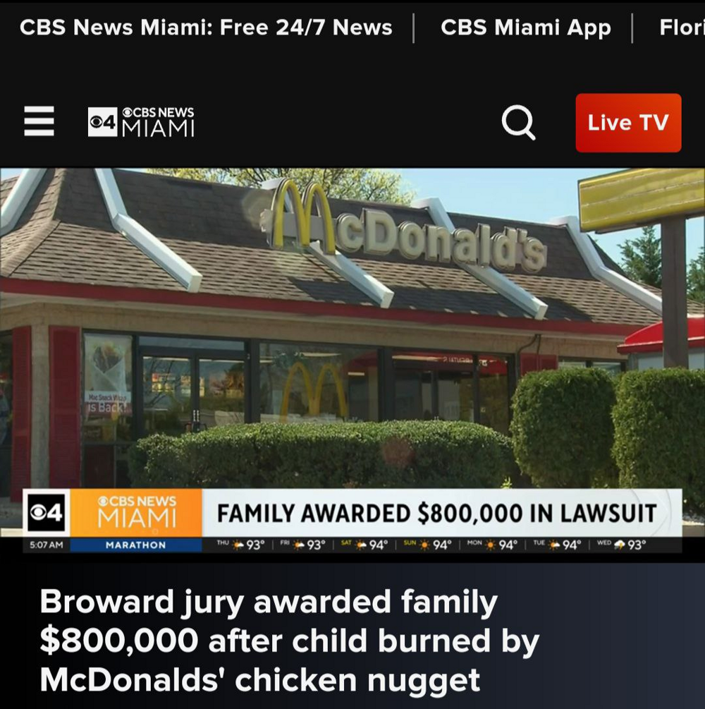 В США 4-летней девочке присудили 800 000 долларов за то, что она обожглась наггетсом из McDonalds