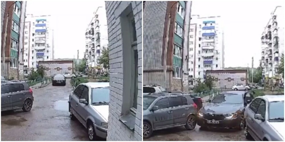 "Шутить со мной вздумали?": в Стерлитамаке водитель BMW протаранил автомобили во дворе