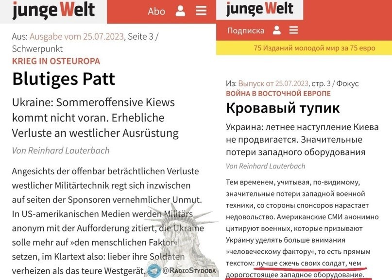 "Лучше жечь украинских солдат, чем дорогостоящее западное оборудование", — об этом прямым текстом говорят Киеву недовольные контрнаступом западные спонсоры, пишет немецкая газета Junge Welt