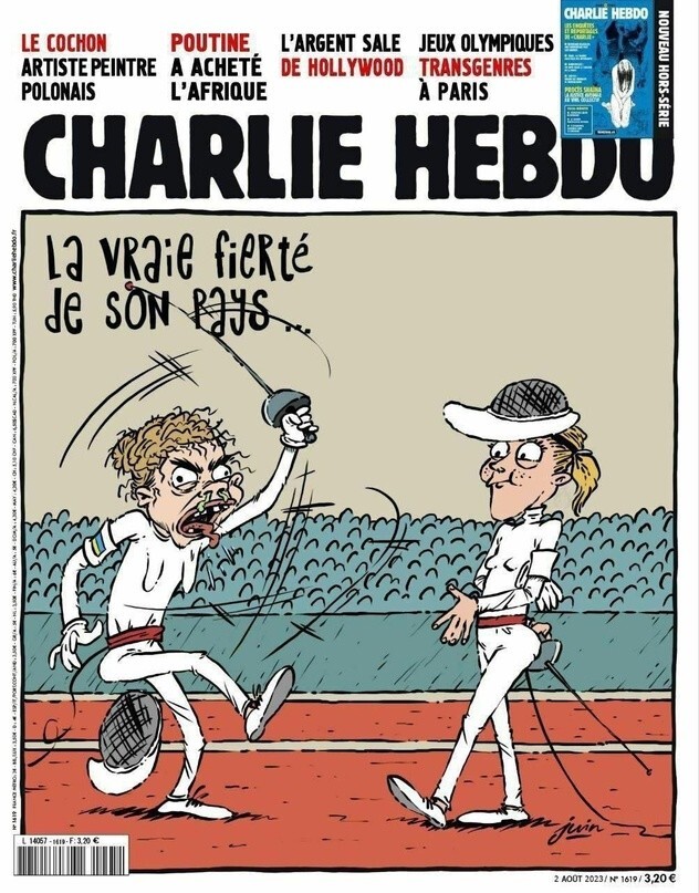 «Настоящая гордость своей страны», – так звучит заголовок на обложке французского сатирического журнала Charlie Hebdo. Таким образом высмеяли украинскую фехтовальщицу, которая не пожала руку россиянке