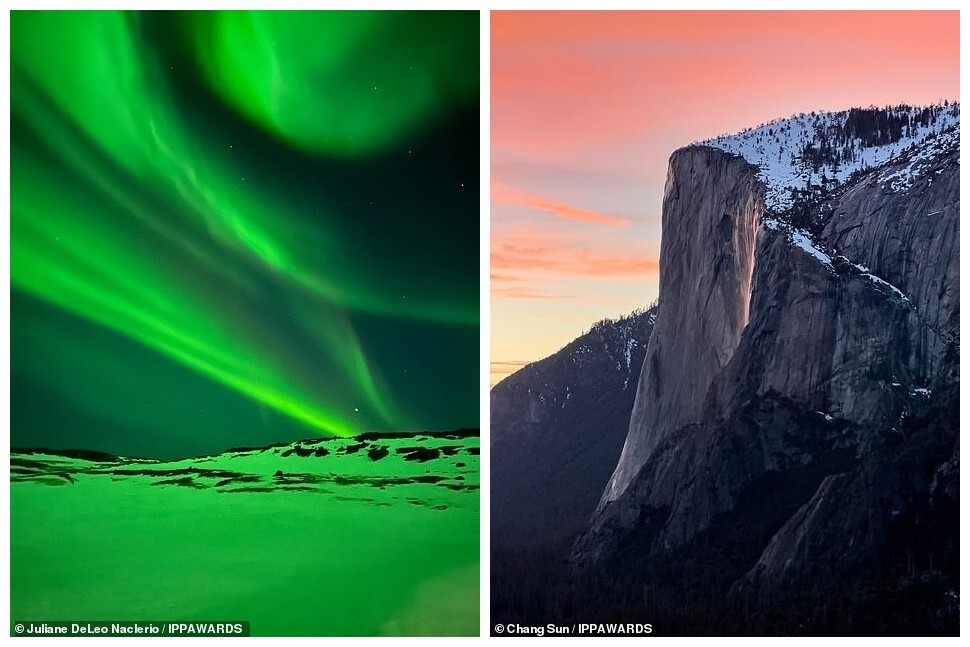 3. Слева: полярное сияние, Джулиана ДеЛео Наклерио. Справа: национальный парк Йосемити в Калифорнии, Чан Сан. Оба снимка — почётное упоминание в категории «Пейзаж»